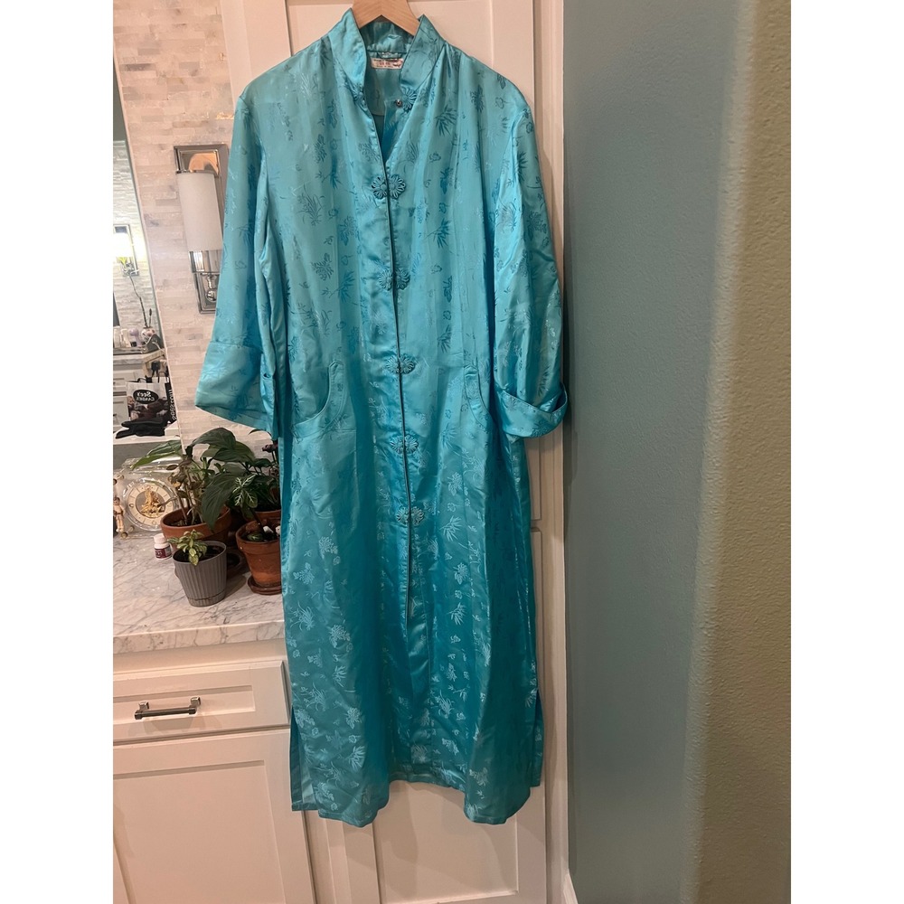 Vintage Double Peach Silk Chinese Gown Robe Aqua Blue Floral Jacquard XL